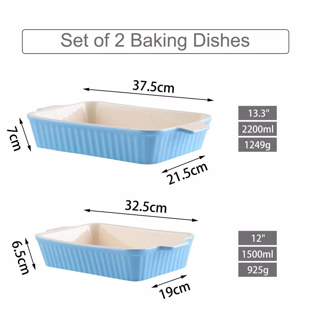 MALACASA 2-Piece Blue Porcelain Rectangle Bakeware Set, 12 in. and 13 in. Ceramic Baking Dishes