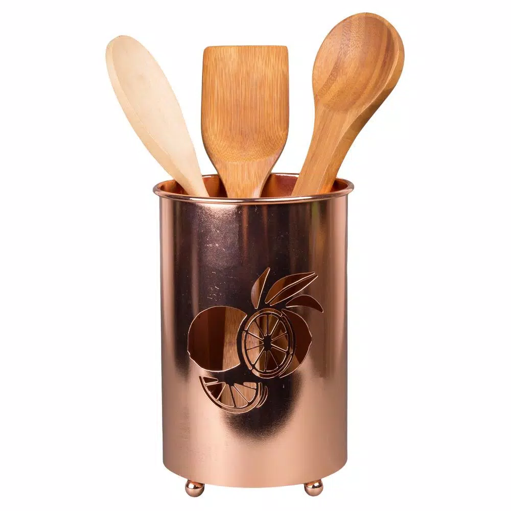 Creative Home Copper Plated Metal Utensil Holder with Laser Cut Lemon Motif Kitchen Tool Crock