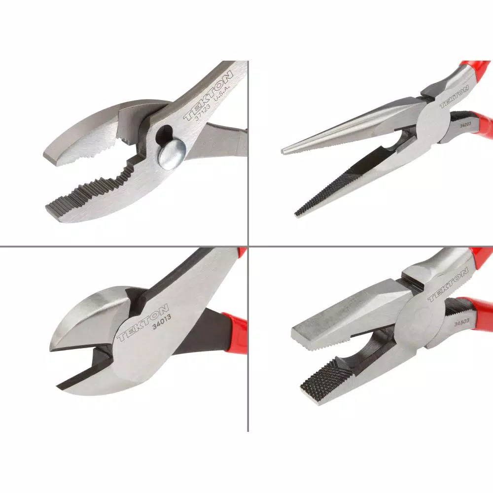TEKTON 4-Piece Plier Set: Slip Joint, Diagonal, Lineman's, and Long Nose Pliers
