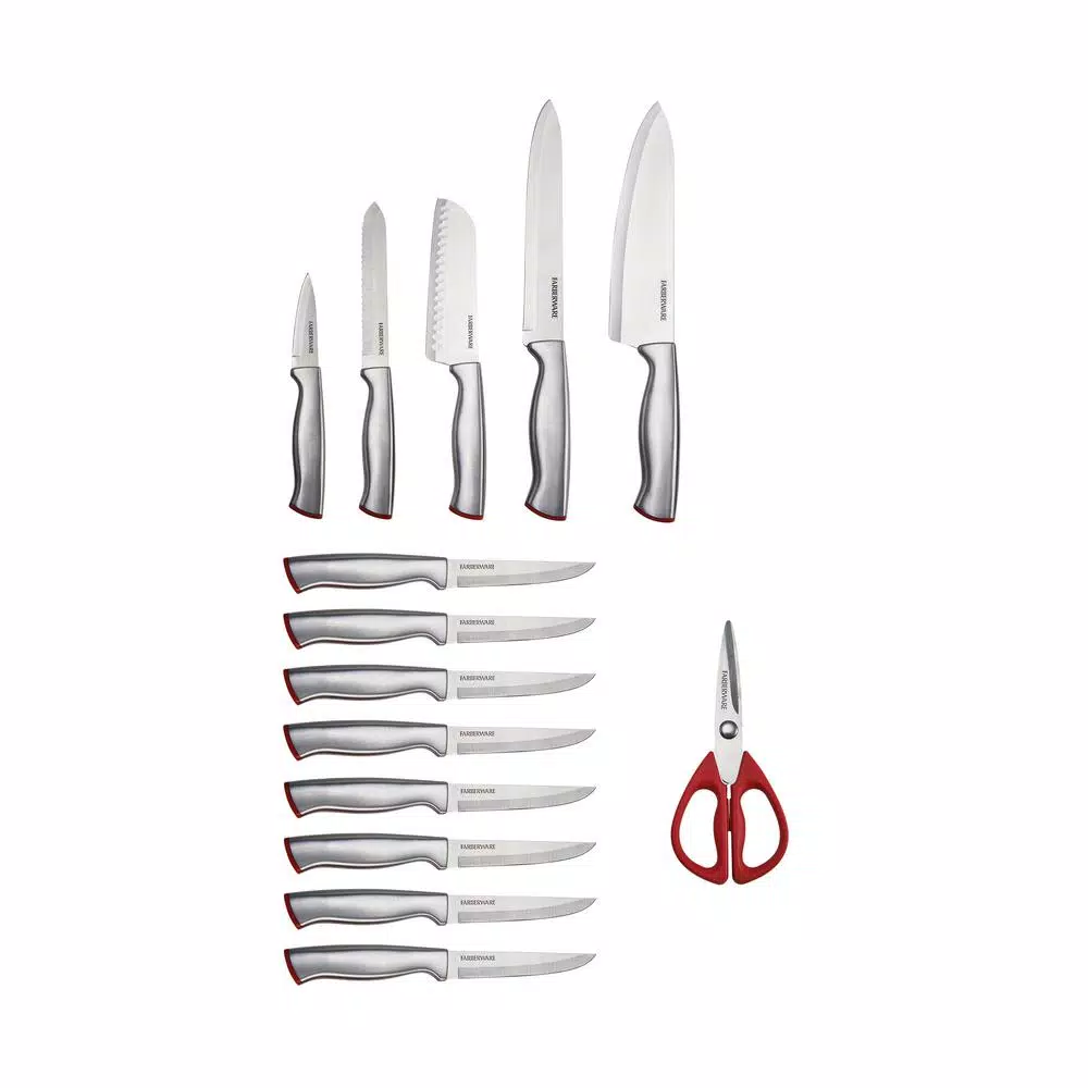 Farberware 15-Piece Edge Keeper Knife Set with Built-in Sharpener and Natural Wood Block