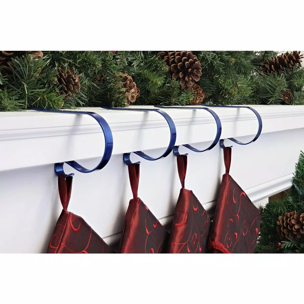 Haute Decor Original MantleClip Blue Stocking Holder (4-Pack) - Metal Mantel Clips for Holiday Decor