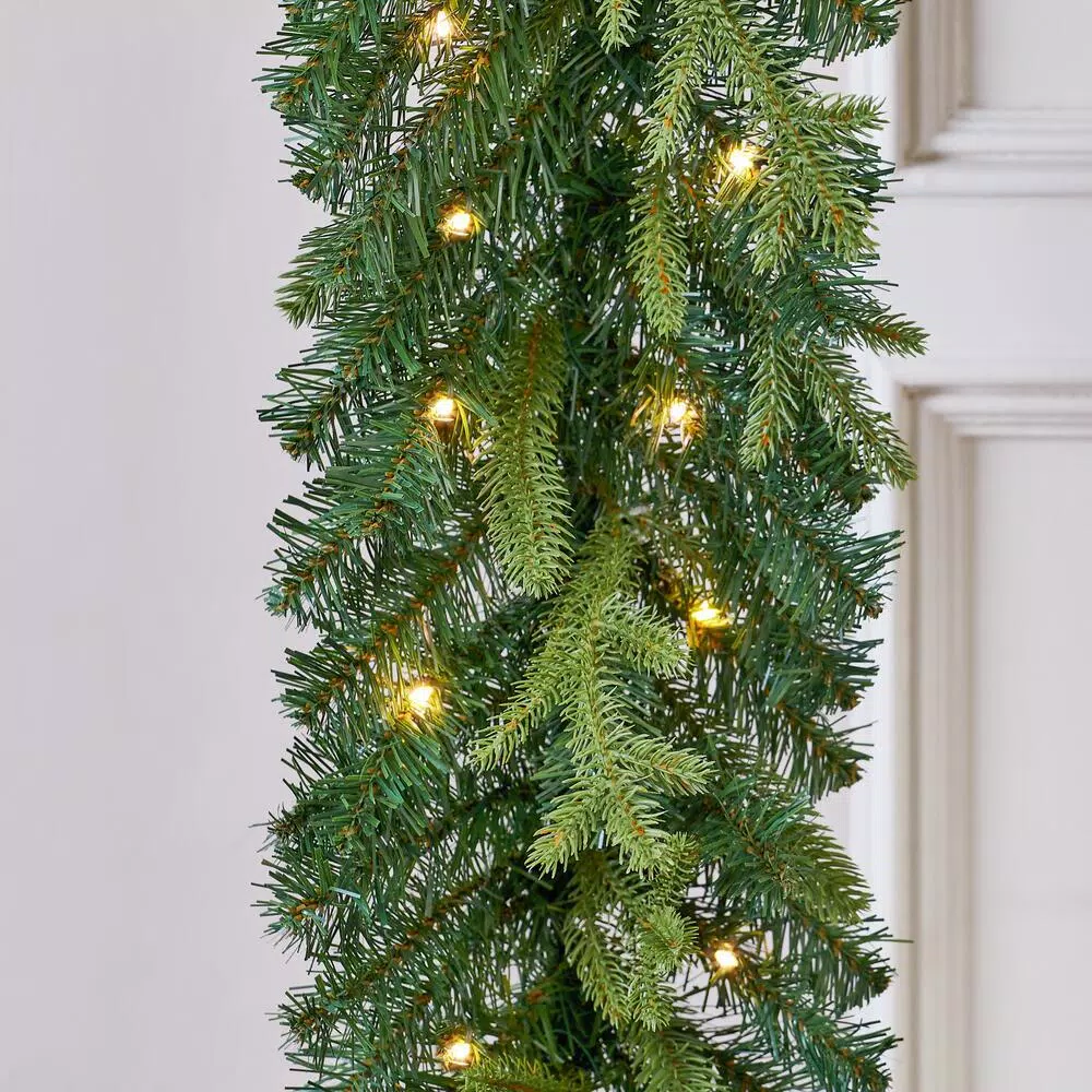 Home Accents Holiday 12 ft. Noble Fir Pre-Lit LED Christmas Garland with Timer, Warm White Micro Dot Lights