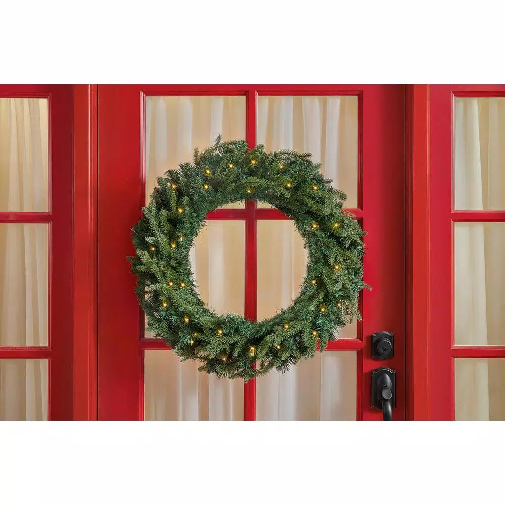 Home Accents Holiday 30 in. Mayfield Pre-Lit LED Artificial Balsam Fir Christmas Wreath with 35 Warm White Micro Dot Lights