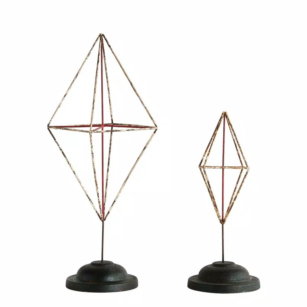 3R Studios Diamond Shaped Metal Figurine Set of 2, Distressed Red Geometric Sculptures