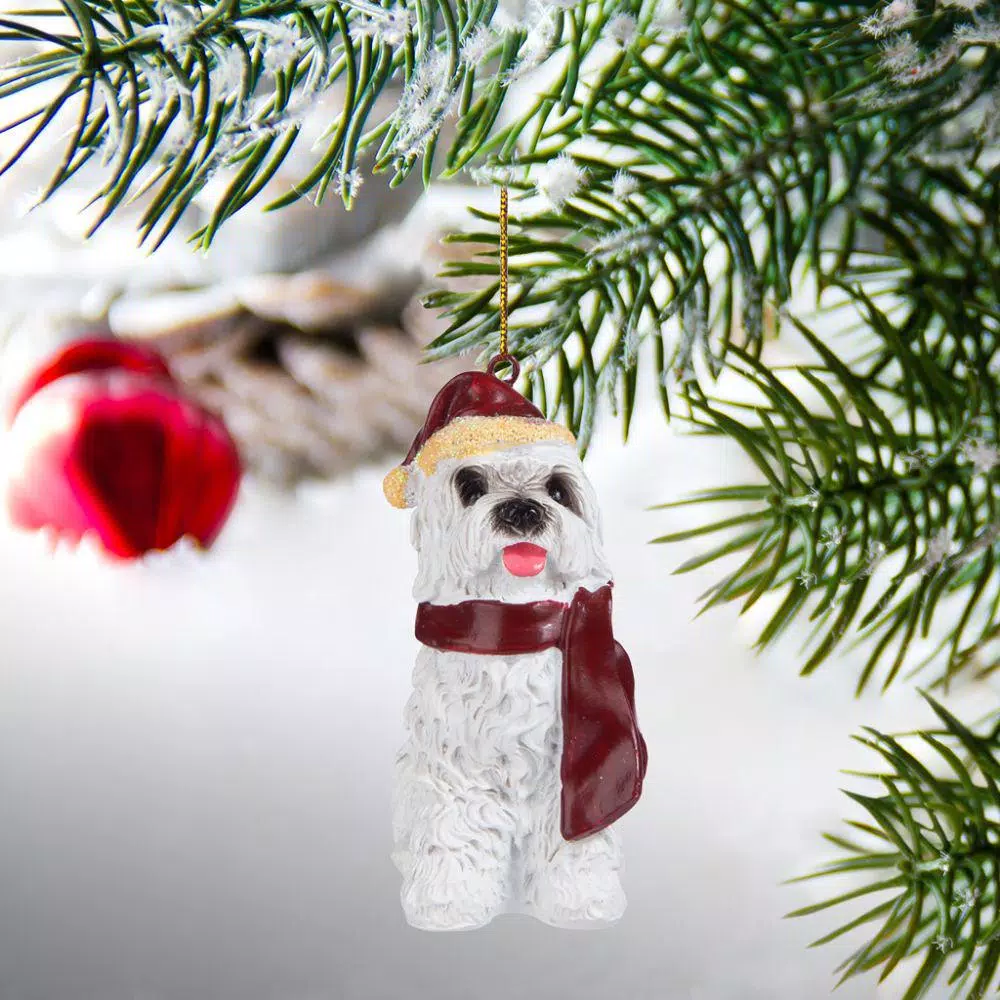 Design Toscano Maltese Dog Holiday Ornament Sculpture with Santa Hat and Red Scarf