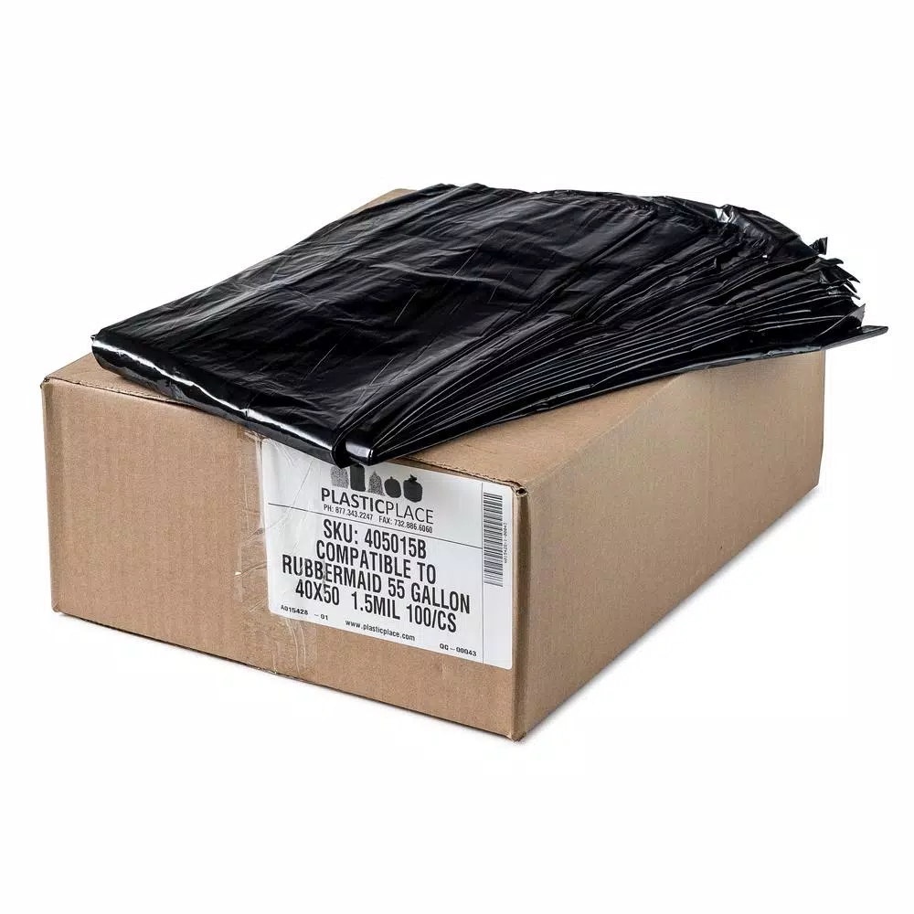 Plasticplace 55 Gallon Black Trash Bags, 1.5 Mil Heavy Duty, Rubbermaid Compatible, 100 Count Case