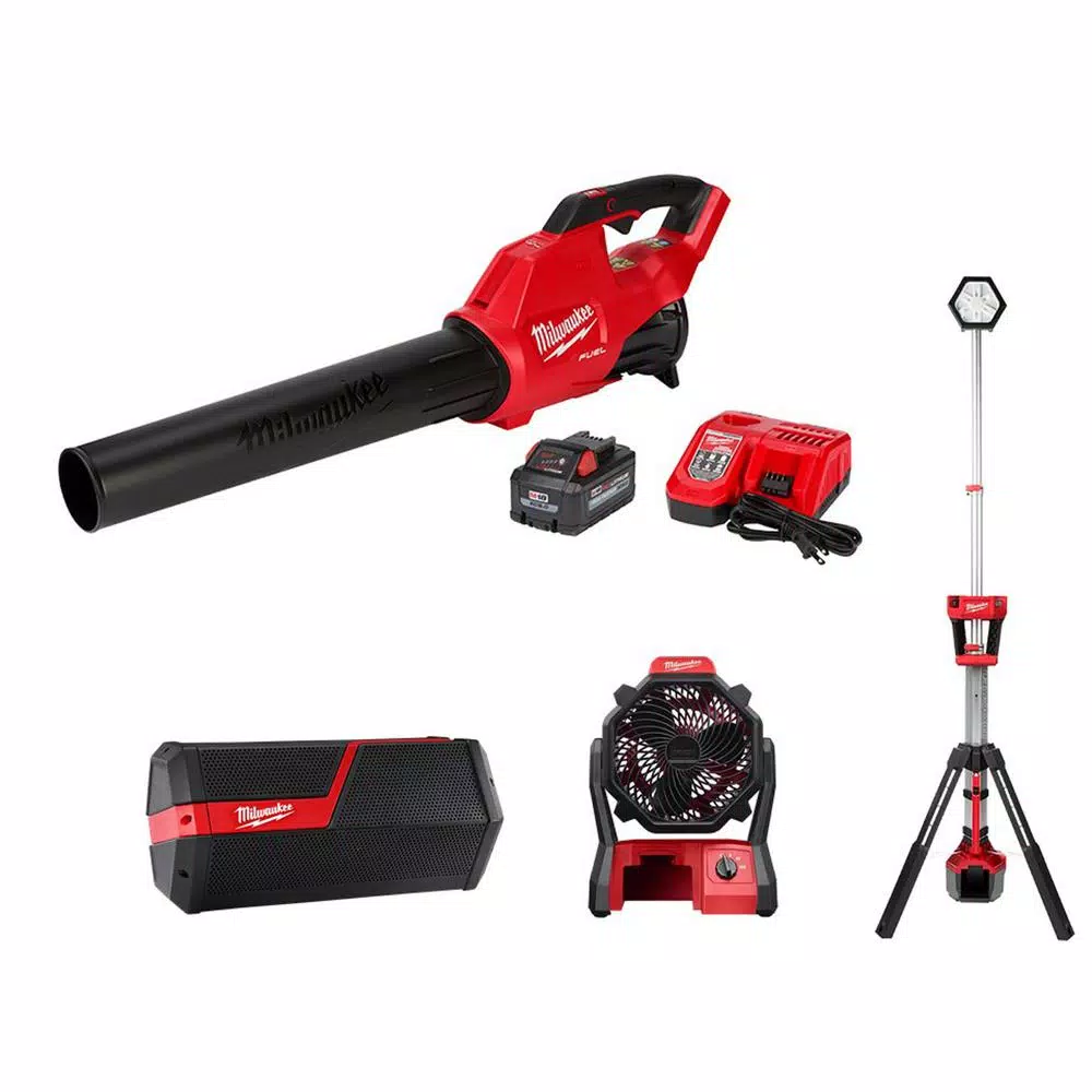 Milwaukee M18 FUEL 4-Tool Combo Kit: Blower, Speaker, Fan, and Rocket Dual Power Tower Light