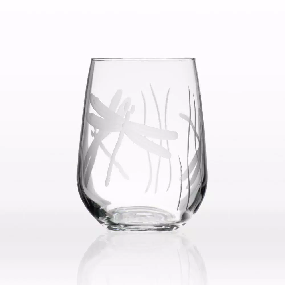 Rolf Glass Dragonfly 17 oz. Etched Stemless Wine Glass Set of 4, Clear Glassware