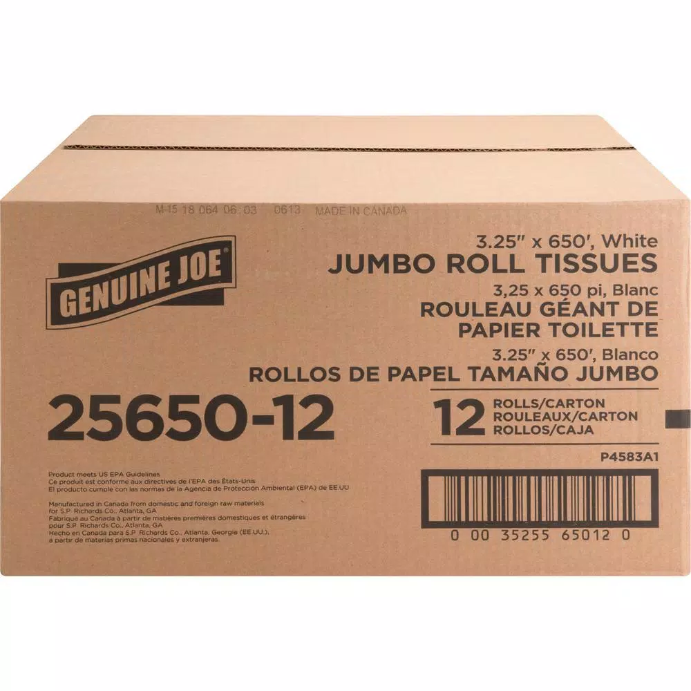 Genuine Joe Jumbo Roll Bath Tissue 2-Ply Unscented, 12 Roll Pack