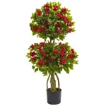 Nearly Natural 48 in. Double Bougainvillea Artificial Topiary Tree in Black Pot, Red Blooms thumbnail 1