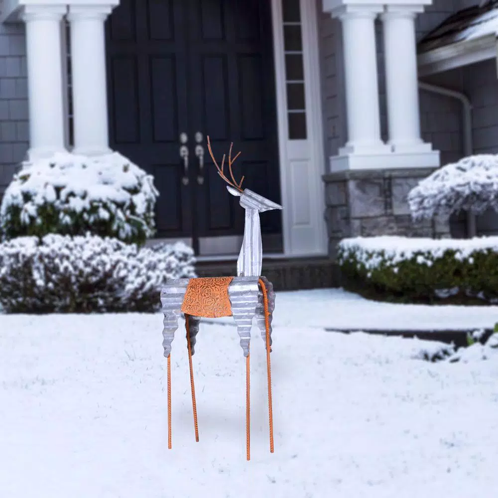 Alpine Corporation 30 in. Metal Rustic Standing Reindeer Christmas Outdoor Sculpture