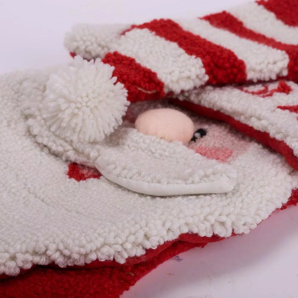 Glitzhome 20 in. Handmade Hooked Christmas Stocking with 3D Santa Design - Red & White
