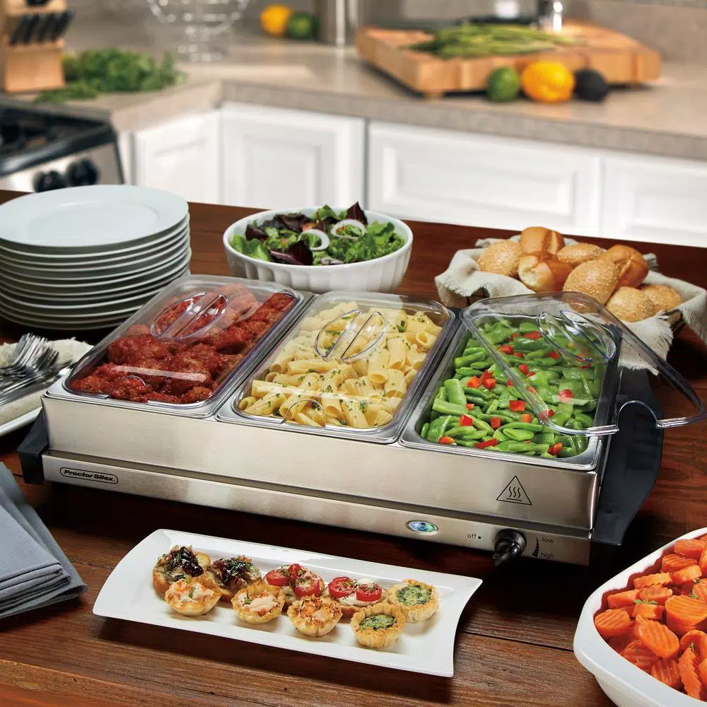 Proctor Silex 6.6 Qt. Stainless Steel Buffet Server and Warming Tray with 3 Removable Pans