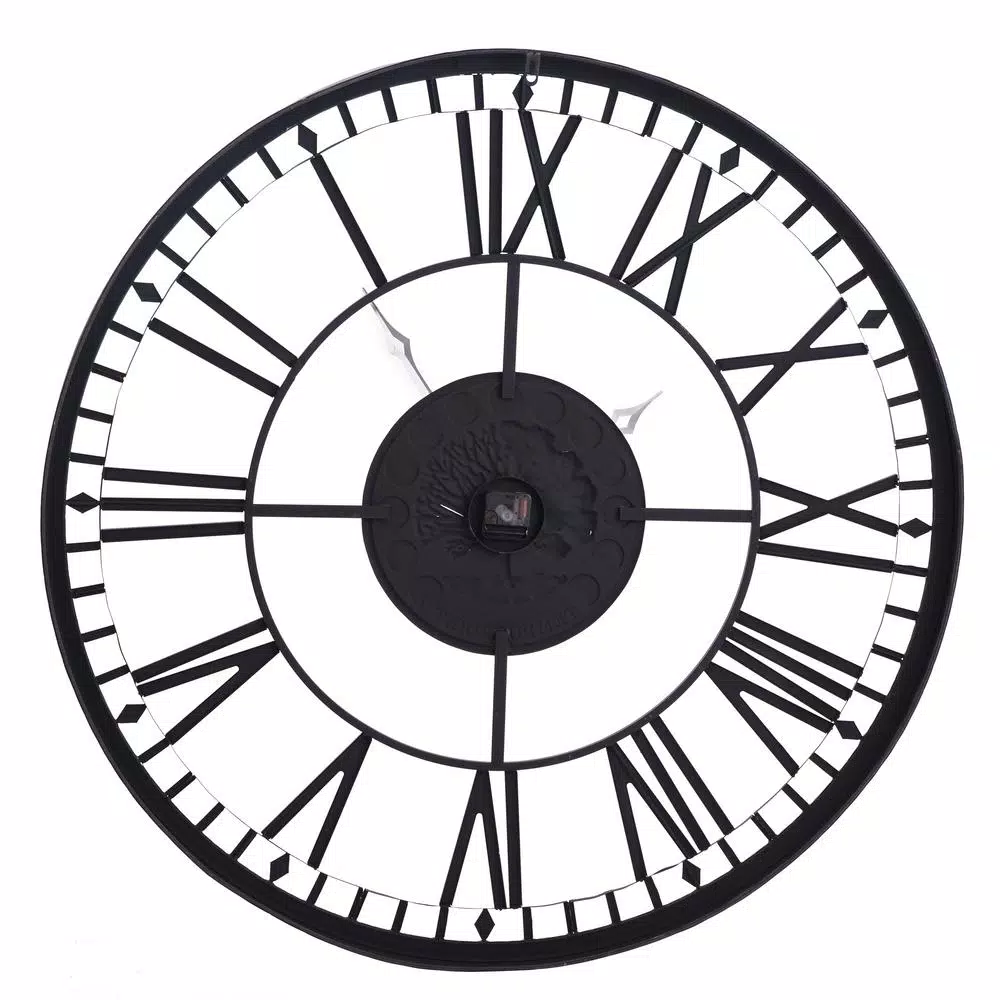 StyleCraft Aged Black Metal Roman Numeral Analog Wall Clock - Oversized 43 Inch Round Mid-Century Decor