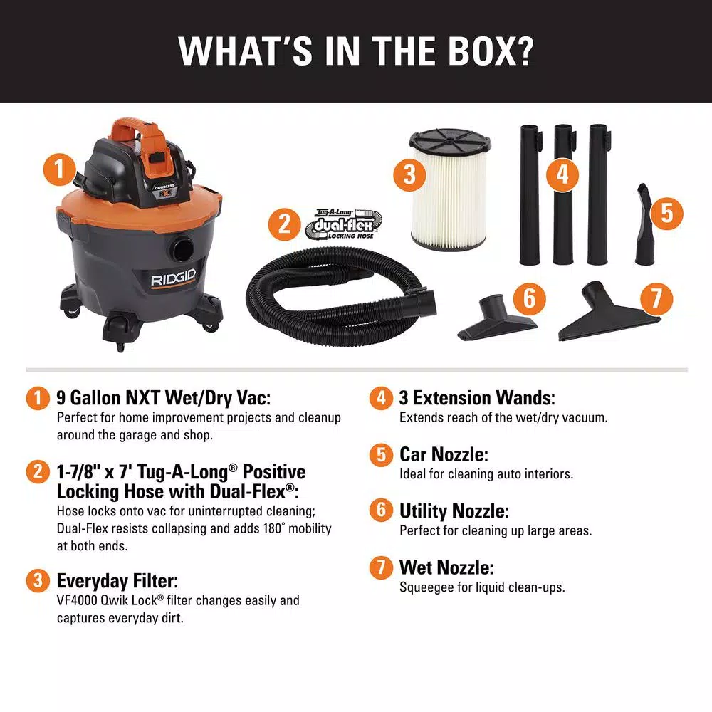 RIDGID 18V Cordless 9 Gal. Wet/Dry Shop Vacuum (Tool Only) with Hose and Accessories