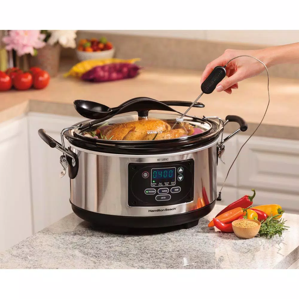 Hamilton Beach 6 Qt. Stainless Steel Programmable Slow Cooker with Temperature Probe