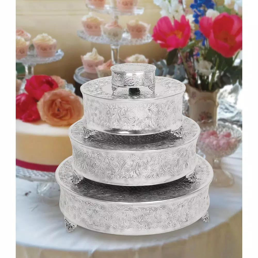 LITTON LANE Silver Aluminum Round Cake Stand Set of 4 with Floral Vine Design