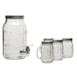 MASON CRAFT & MORE 5-Piece Clear Glass Drink Dispenser Set with 4L Dispenser and 4 Mugs with Metal Lids thumbnail 1