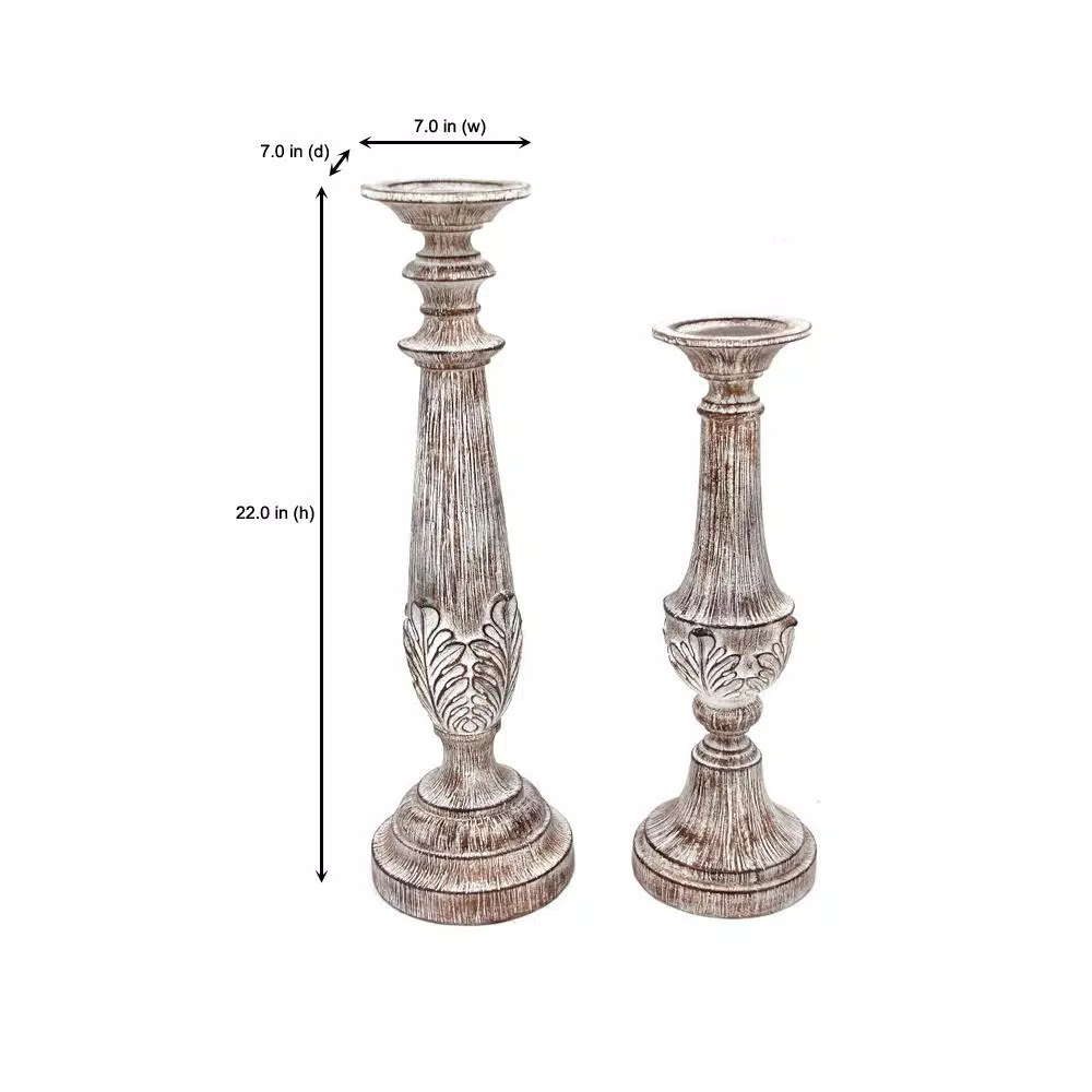 Home Decorators Collection White Washed Wood Style Candle Holder Set, Ivory Resin (Set of 2)