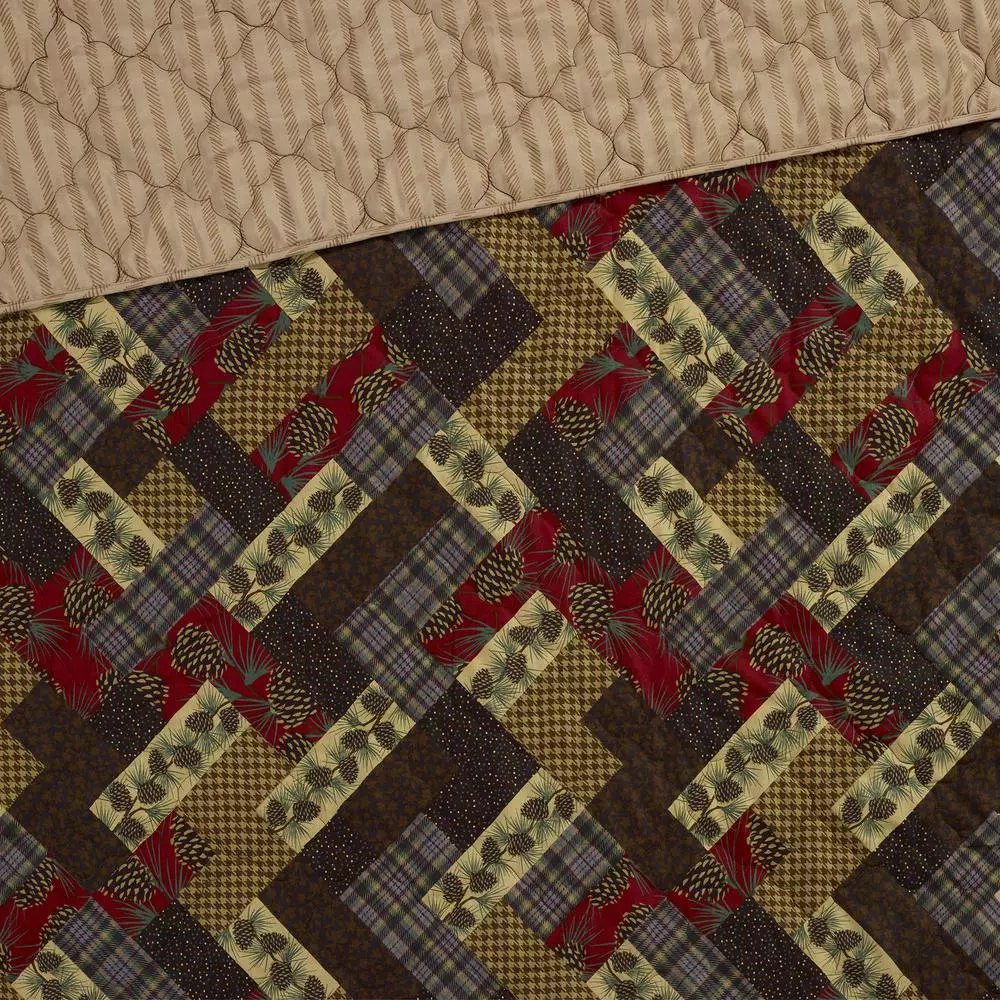 DONNA SHARP Hidden Valley Brown Microfiber Quilted Throw Blanket - Rustic Pinecone & Plaid Reversible Design