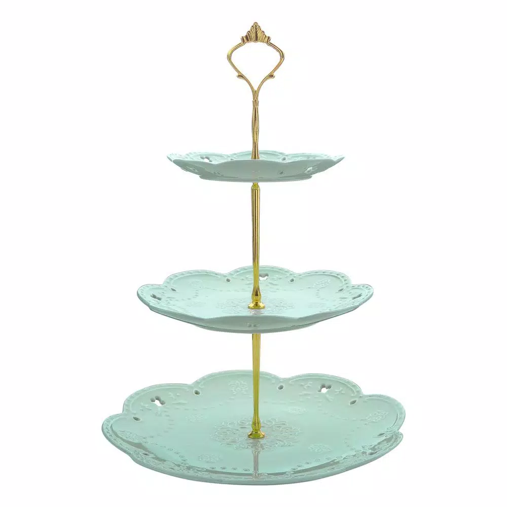 MALACASA 3-Tiered Green Porcelain Cupcake Tower Stand, Round Dessert & Cake Serving Stand