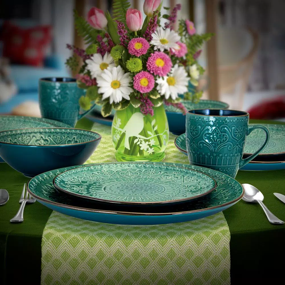 Elama 16-Piece Sea Green Stoneware Dinnerware Set, Service for 4