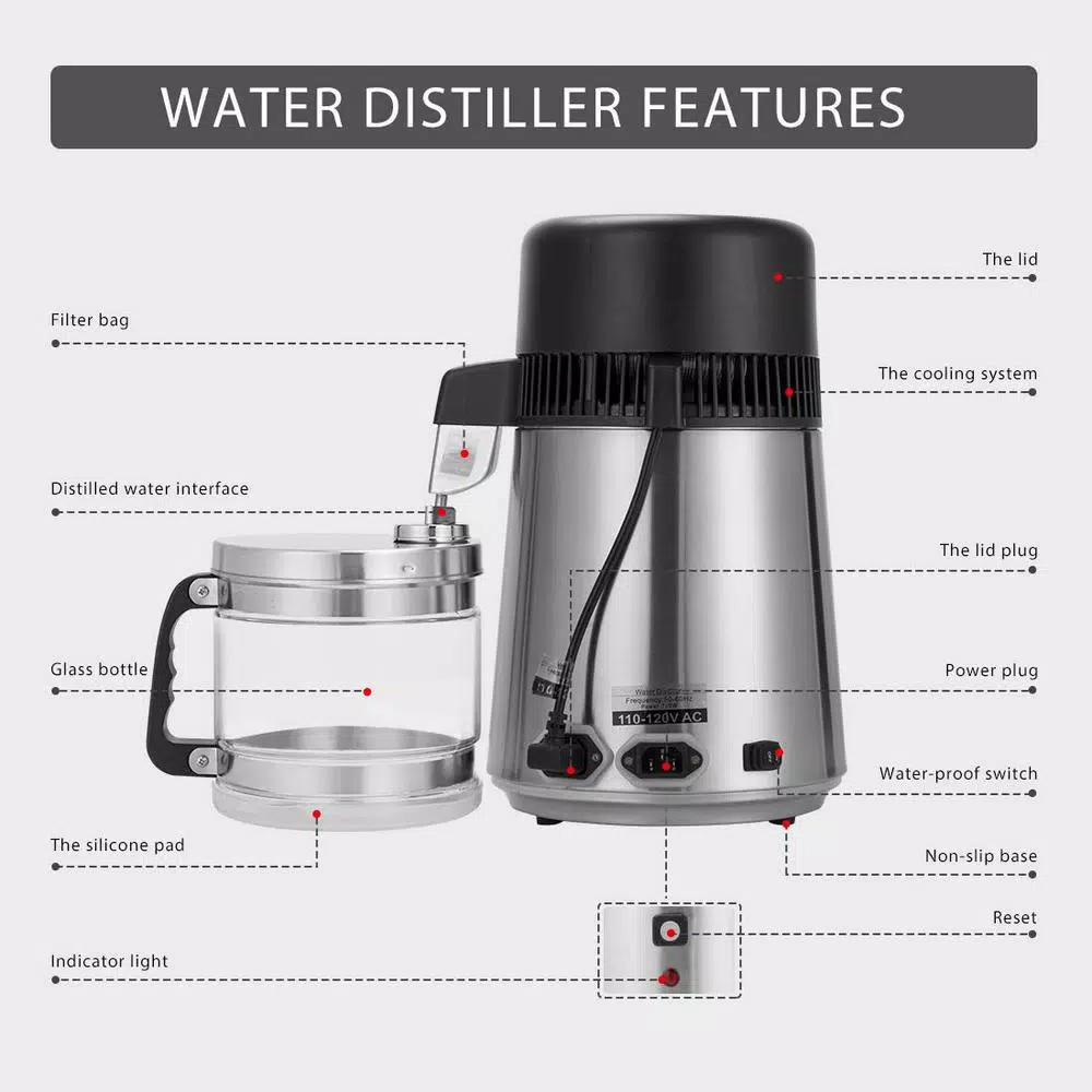 VIVOHOME 16-Cup Water Distiller Machine, 4L Countertop Water Purifier with Carbon Filter for Home and Office