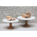 LITTON LANE 10 in. White Marble and Mango Wood Cake Stand, Brown Wood Base thumbnail 5