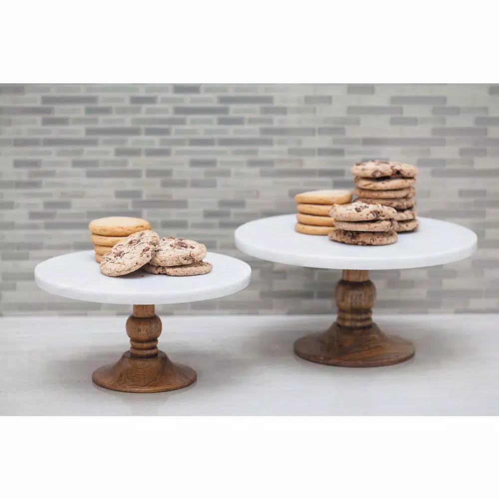LITTON LANE 10 in. White Marble and Mango Wood Cake Stand, Brown Wood Base