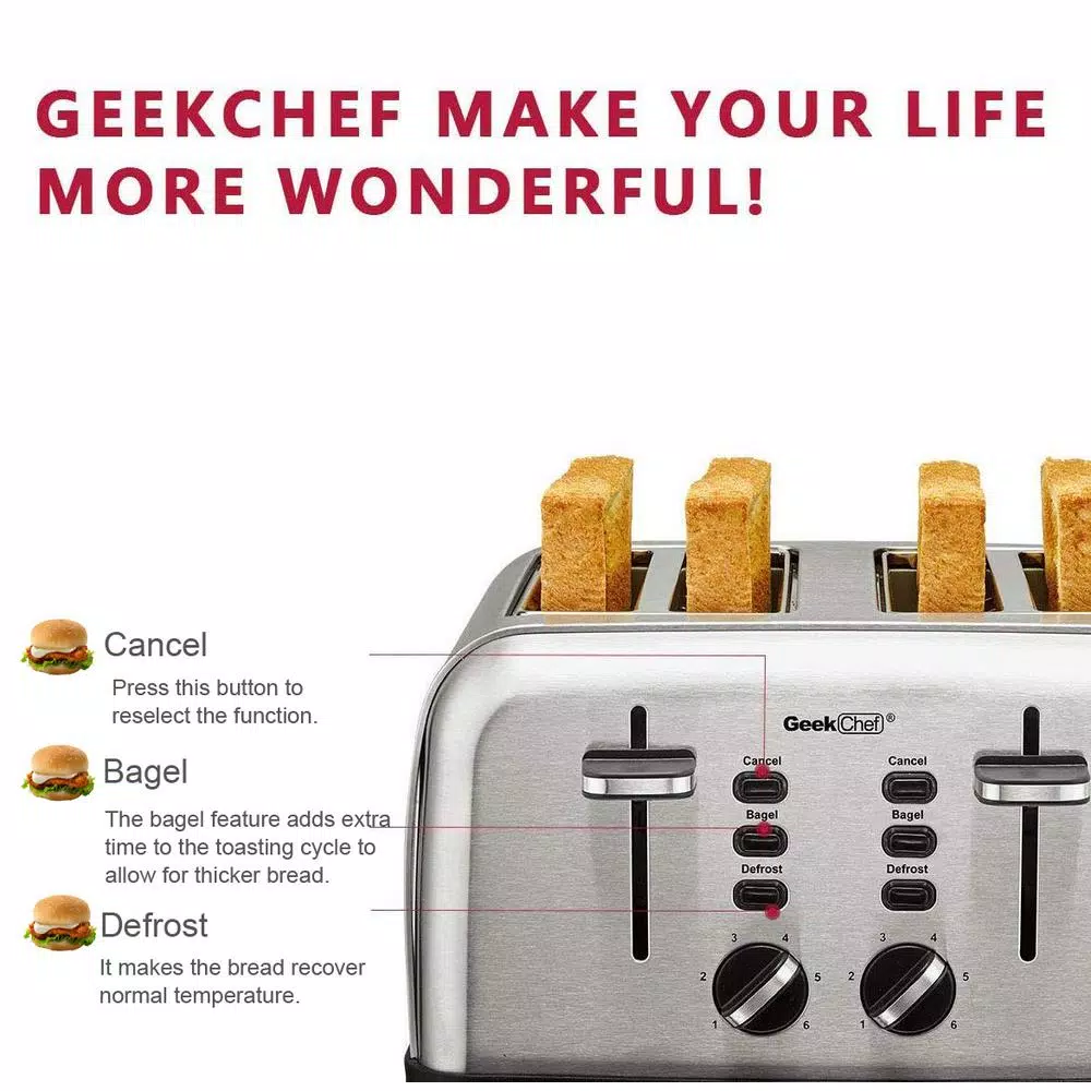 Boyel Living 1500W 4-Slice Wide Slot Toaster with Dual Independent Control Panels, Silver