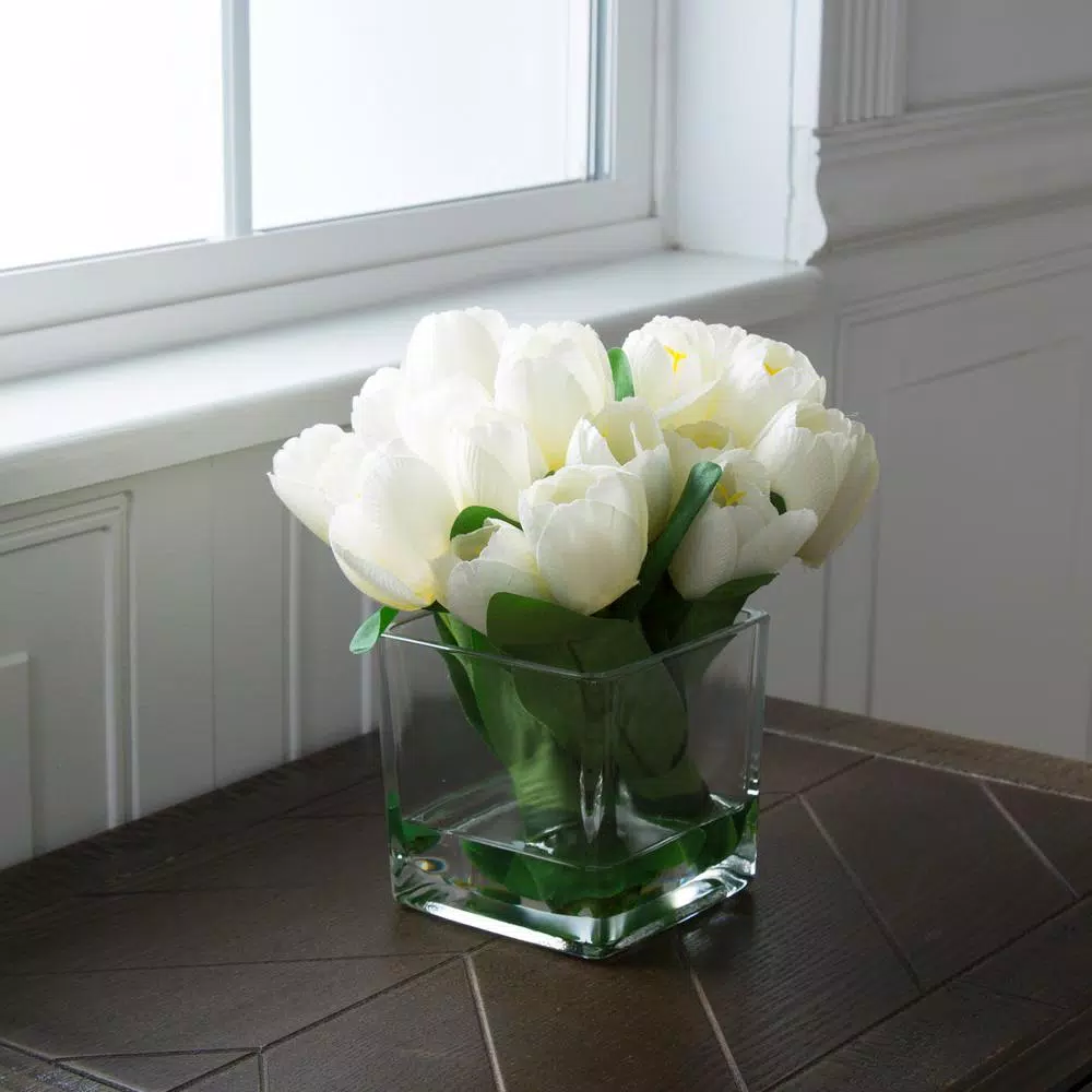 Pure Garden 8.5 in. Cream Tulip Floral Arrangement in Square Glass Vase