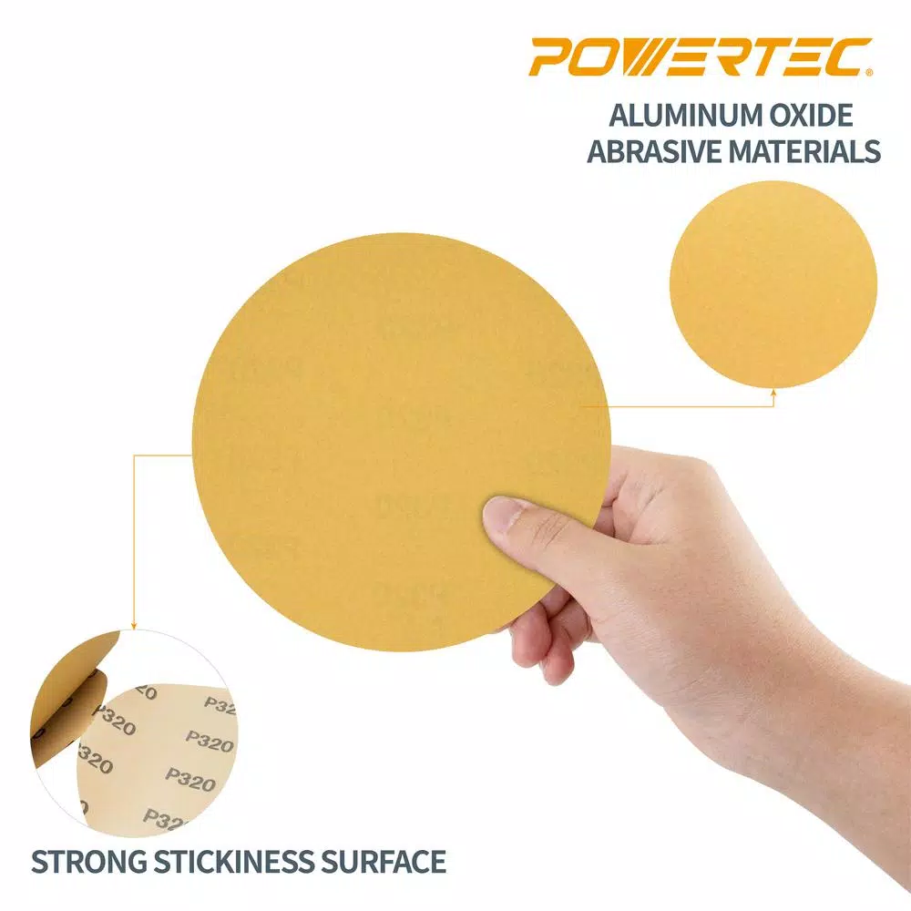 POWERTEC 6-Inch 220 Grit Aluminum Oxide PSA Sanding Discs, 100-Pack