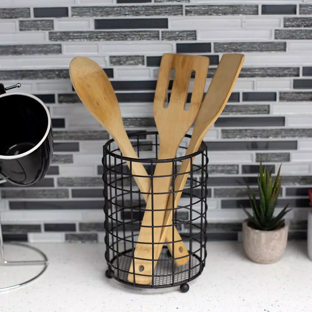 Home Basics Black Grid Free-Standing Steel Utensil Holder with Mesh Bottom