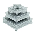 Benzara Silver Aluminum 4-Tier Cake Stand Set with Embossed Classic Pattern thumbnail 1