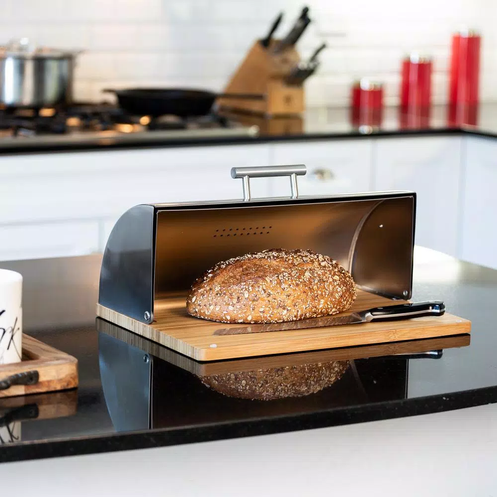 Honey-Can-Do Stainless Steel Bread Box with Bamboo Cutting Board Base
