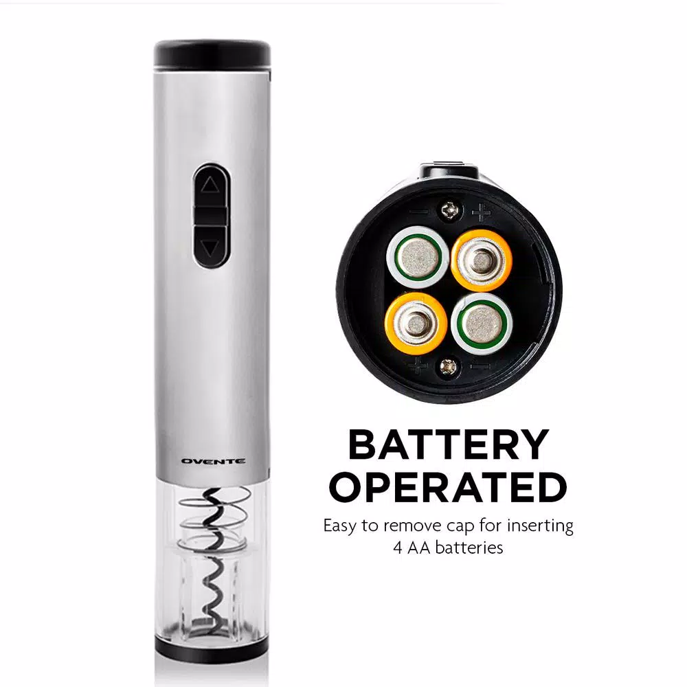 Ovente Electric Wine Bottle Opener with Foil Cutter and LED Light, Stainless Steel, Silver