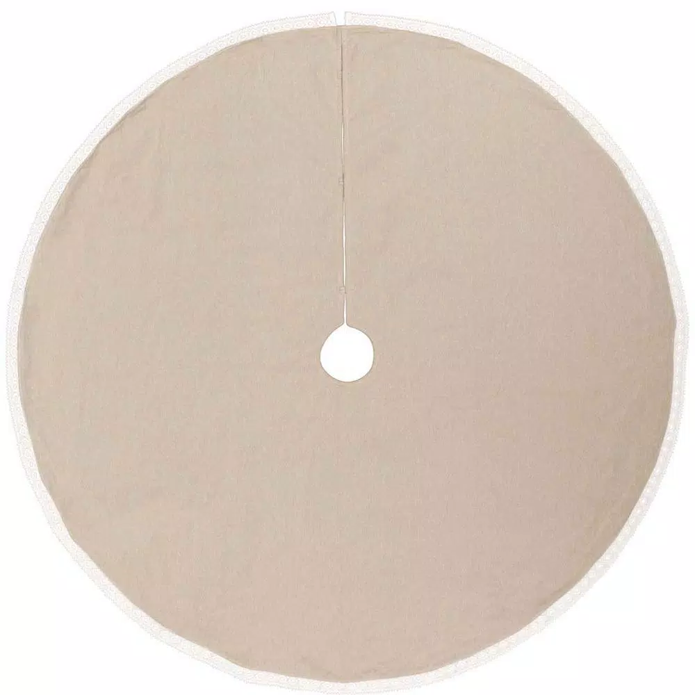 VHC Brands 55 in. Red Margot Farmhouse Christmas Tree Skirt with Diamond Lace and Creme Chambray