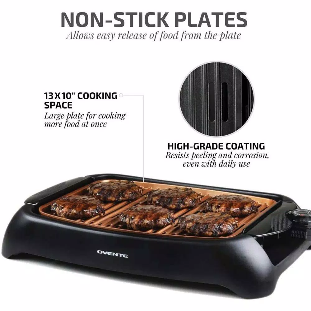 Ovente 1000W Portable Indoor Smokeless Grill, 13x10 inch Non-Stick Aluminum Grilling Plate, Copper