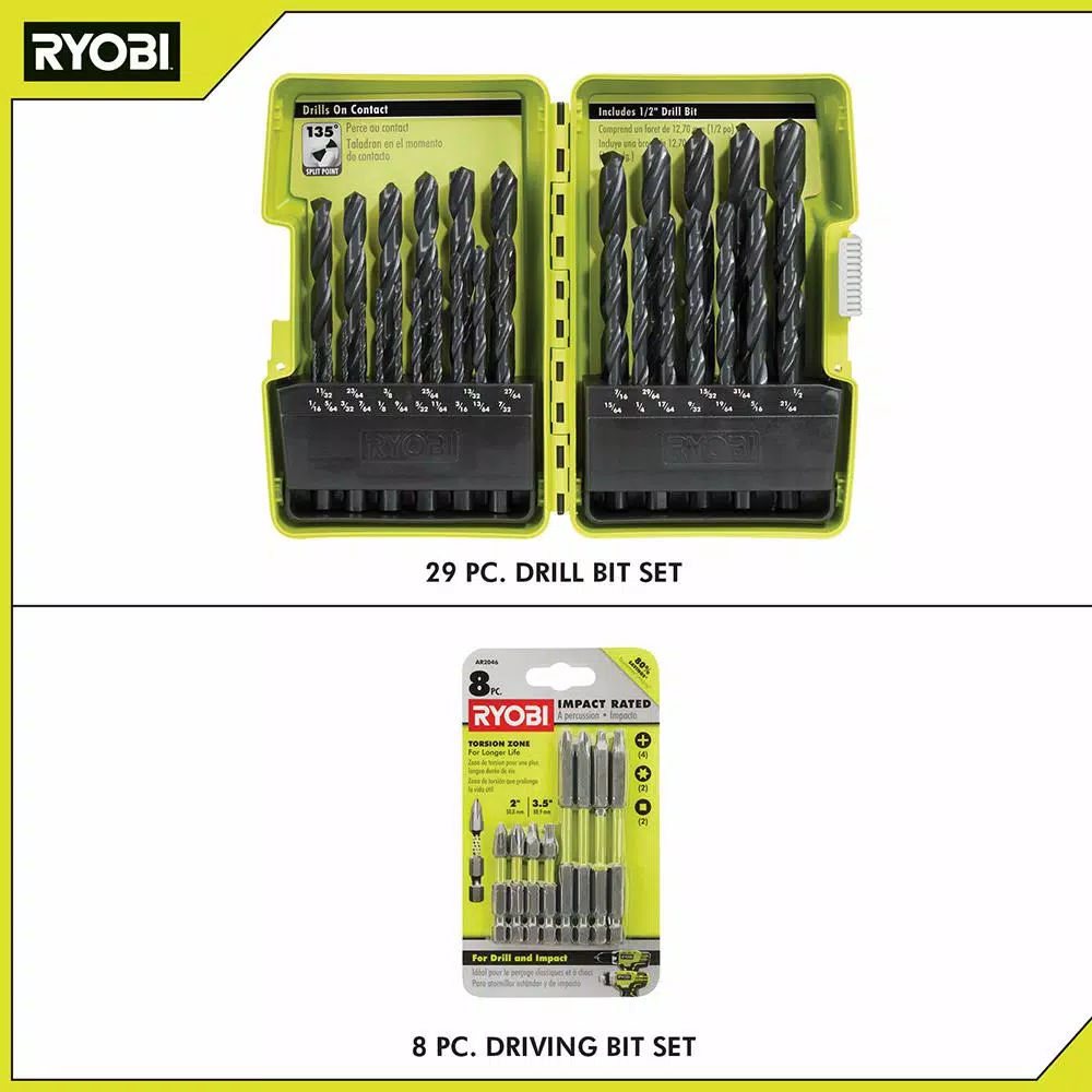 RYOBI 37-Piece Black Oxide Index Drill Bit Set with Bonus 8-Piece Impact Rated Driving Kit