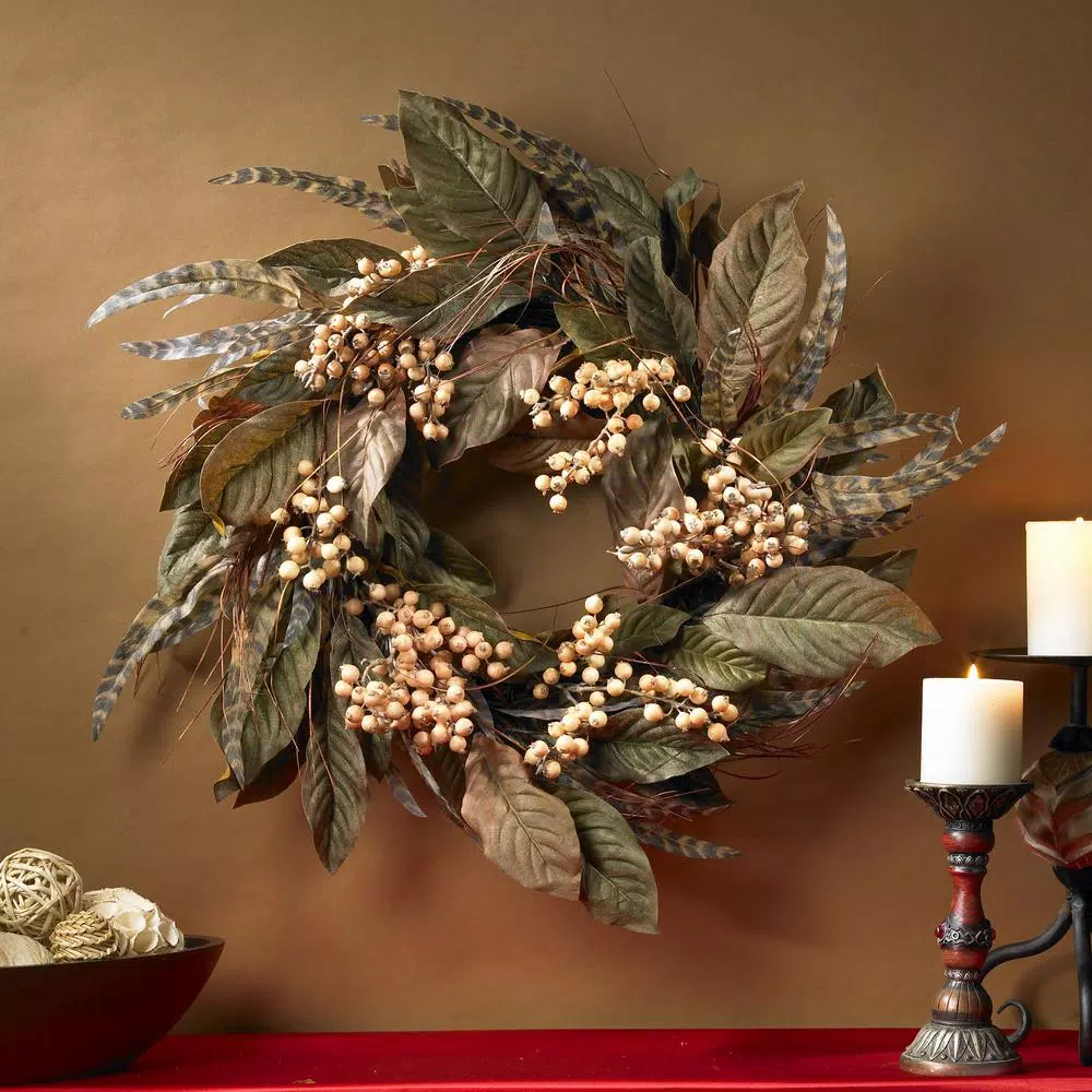 Nearly Natural Sangle 24 in. Berry and Feather Wreath, Rustic Autumn Decor