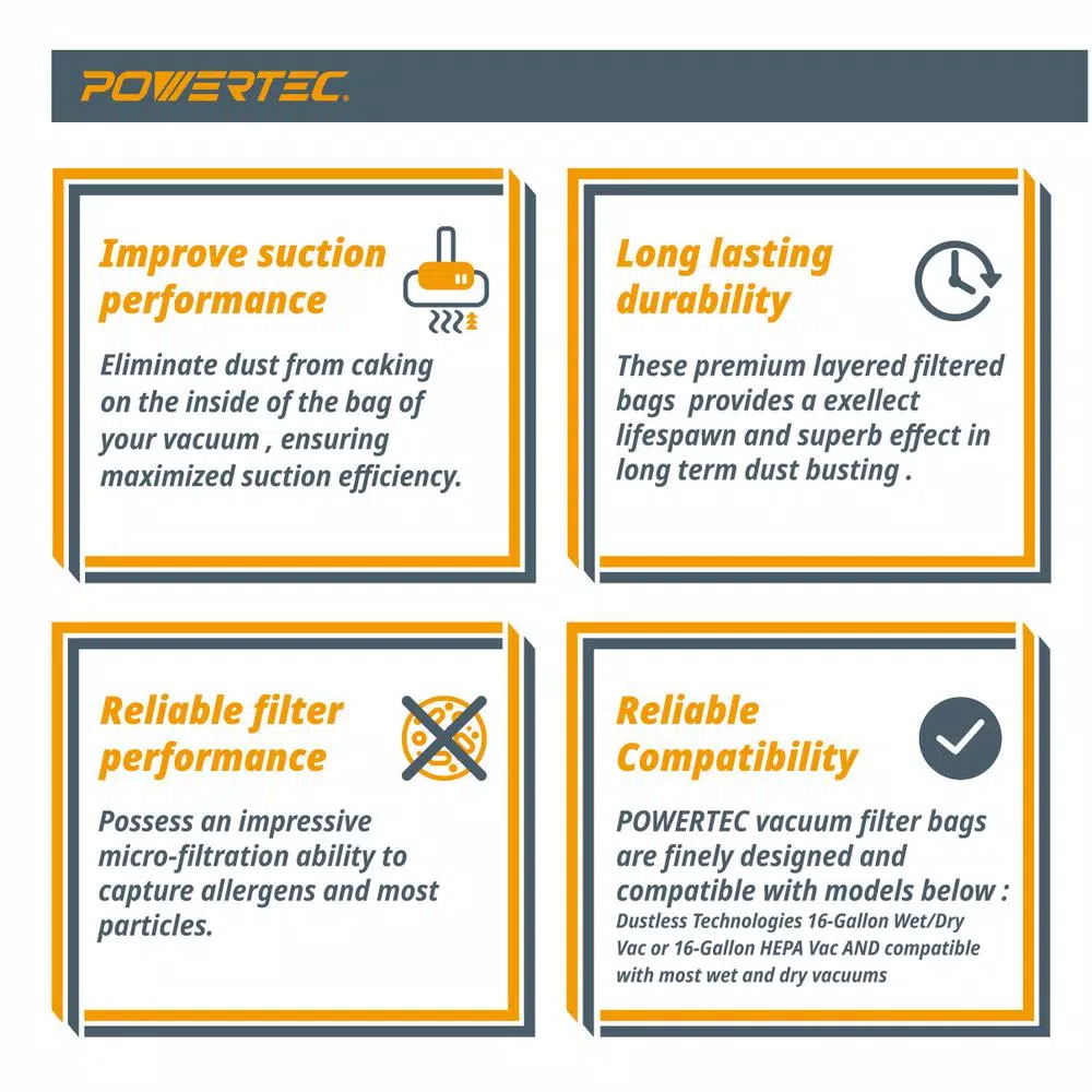 POWERTEC 5-Ply Fleece Replacement Vacuum Bags for Dustless Technologies 16 Gal. Wet/Dry Vacs (3-Pack)
