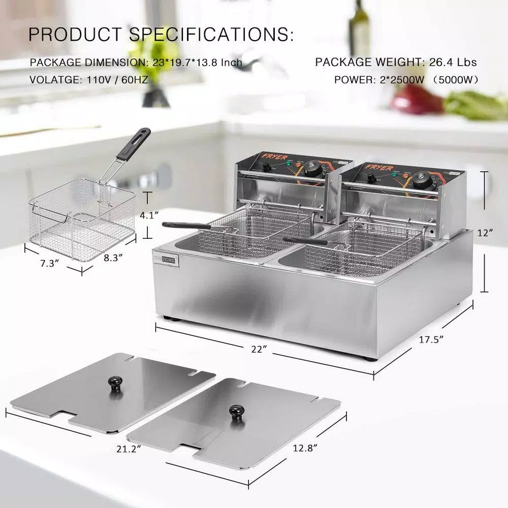 VIVOHOME 20.7 Qt. Stainless Steel Dual Basin Electric Deep Fryer, 5000W with 2 Removable Baskets