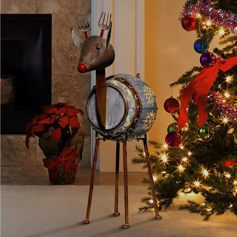 Alpine Corporation 33 in. Metal Barrel Reindeer Sculpture with Warm White LED Lights