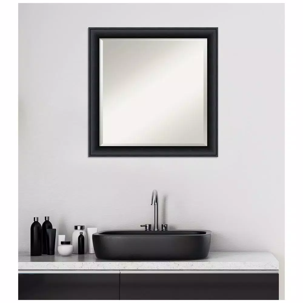 Amanti Art Nero 23 in. Square Beveled Edge Bathroom Vanity Mirror, Black Satin Wood Frame