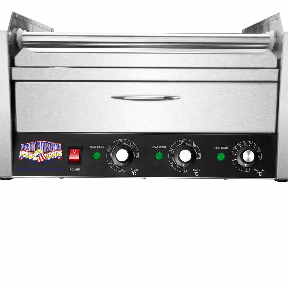 Great Northern Popcorn Commercial 9-Roller Hot Dog Grill with Bun Warmer & Stainless Steel Cover