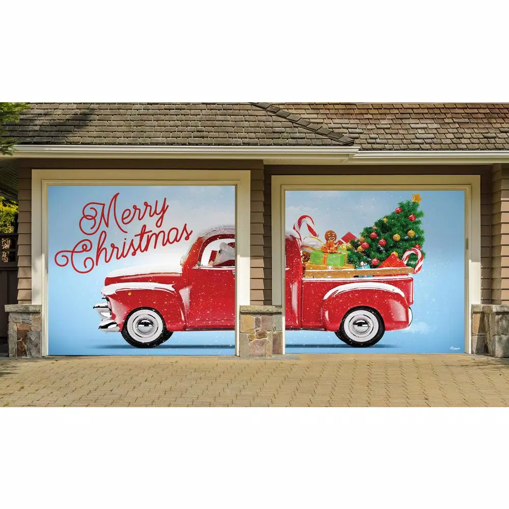 My Door Decor 7 ft. x 8 ft. Red Truck Christmas Garage Door Mural Banner
