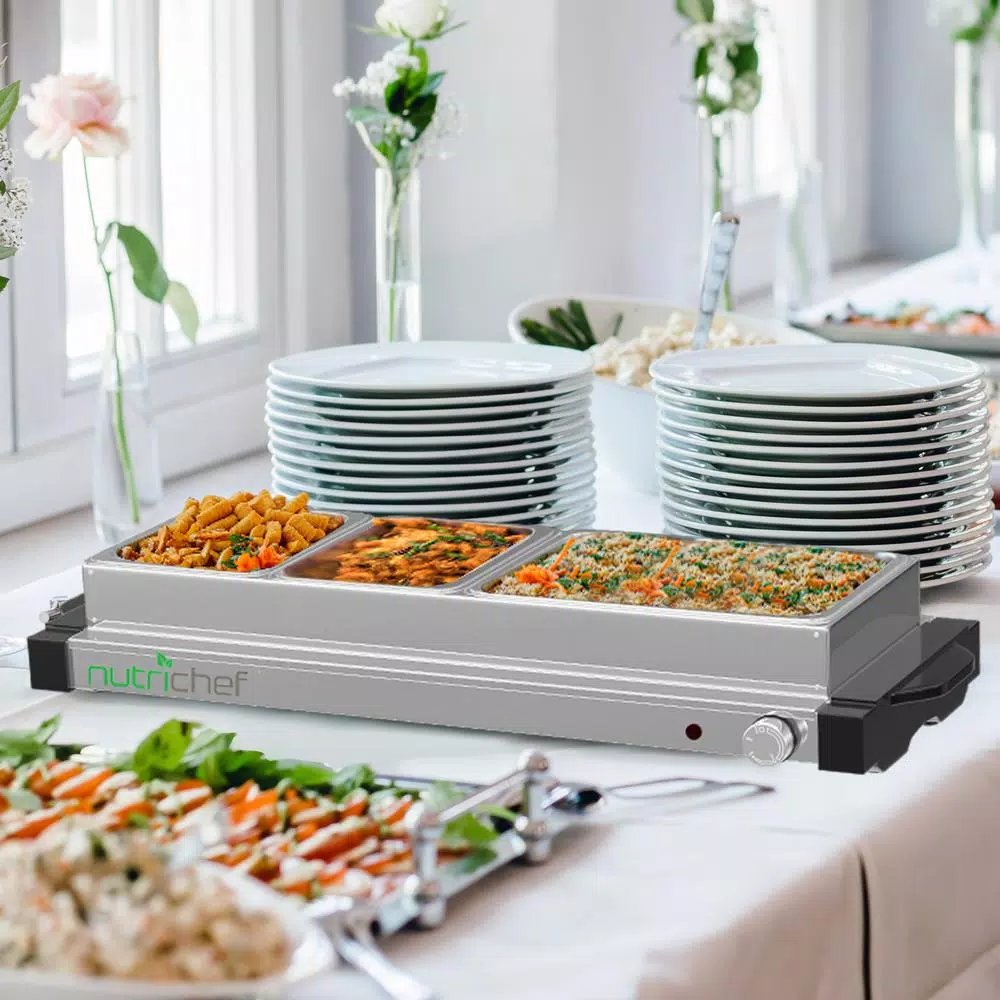 NutriChef 27.6 in. 3-Burner Stainless Steel Electric Buffet Server Food Warming Tray