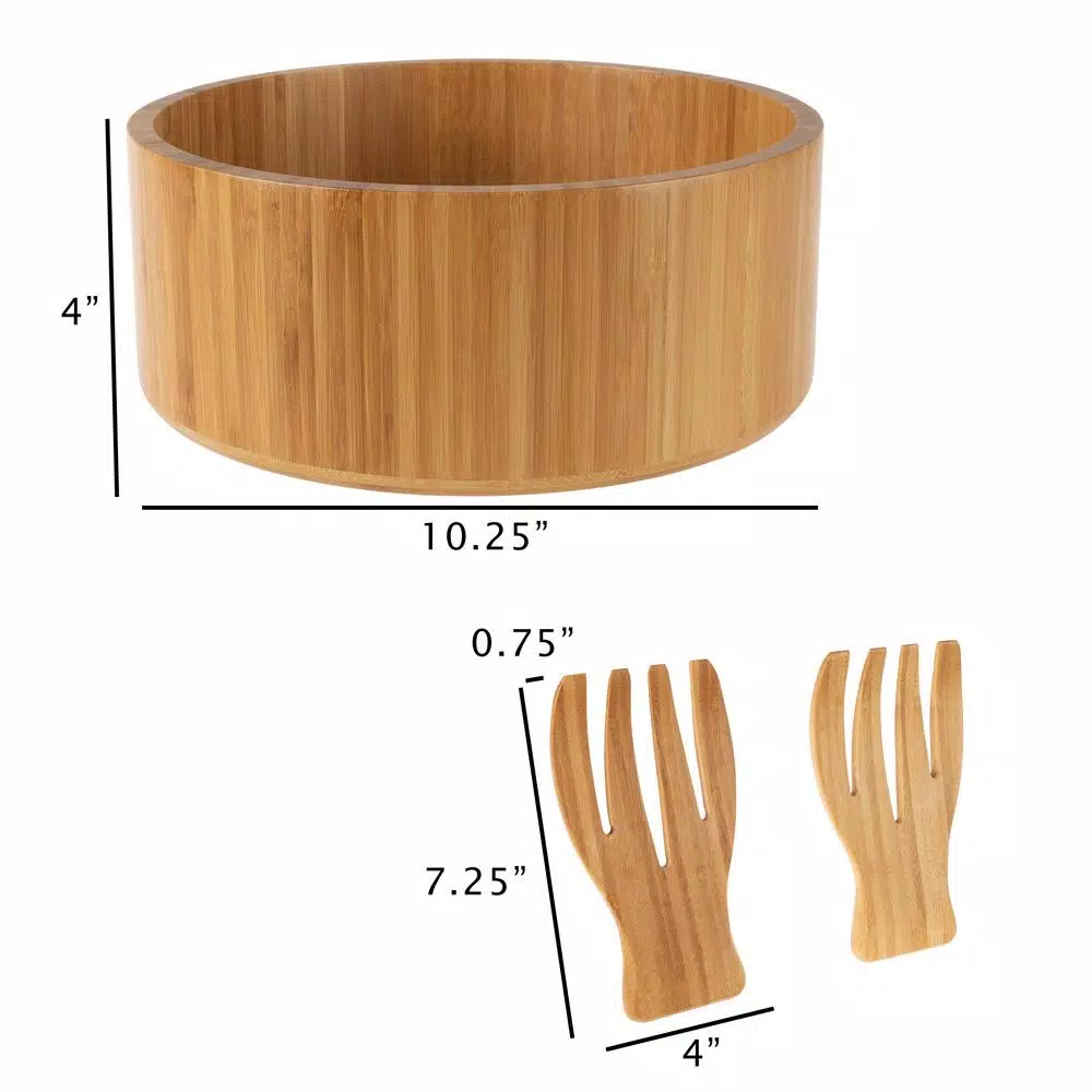 Classic Cuisine 10.25 in. Round Bamboo Salad Bowl Set with Two Utensils
