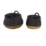 LITTON LANE Round Banana Leaf and Polypropylene Wicker Storage Baskets with Handles, Set of 2 thumbnail 2