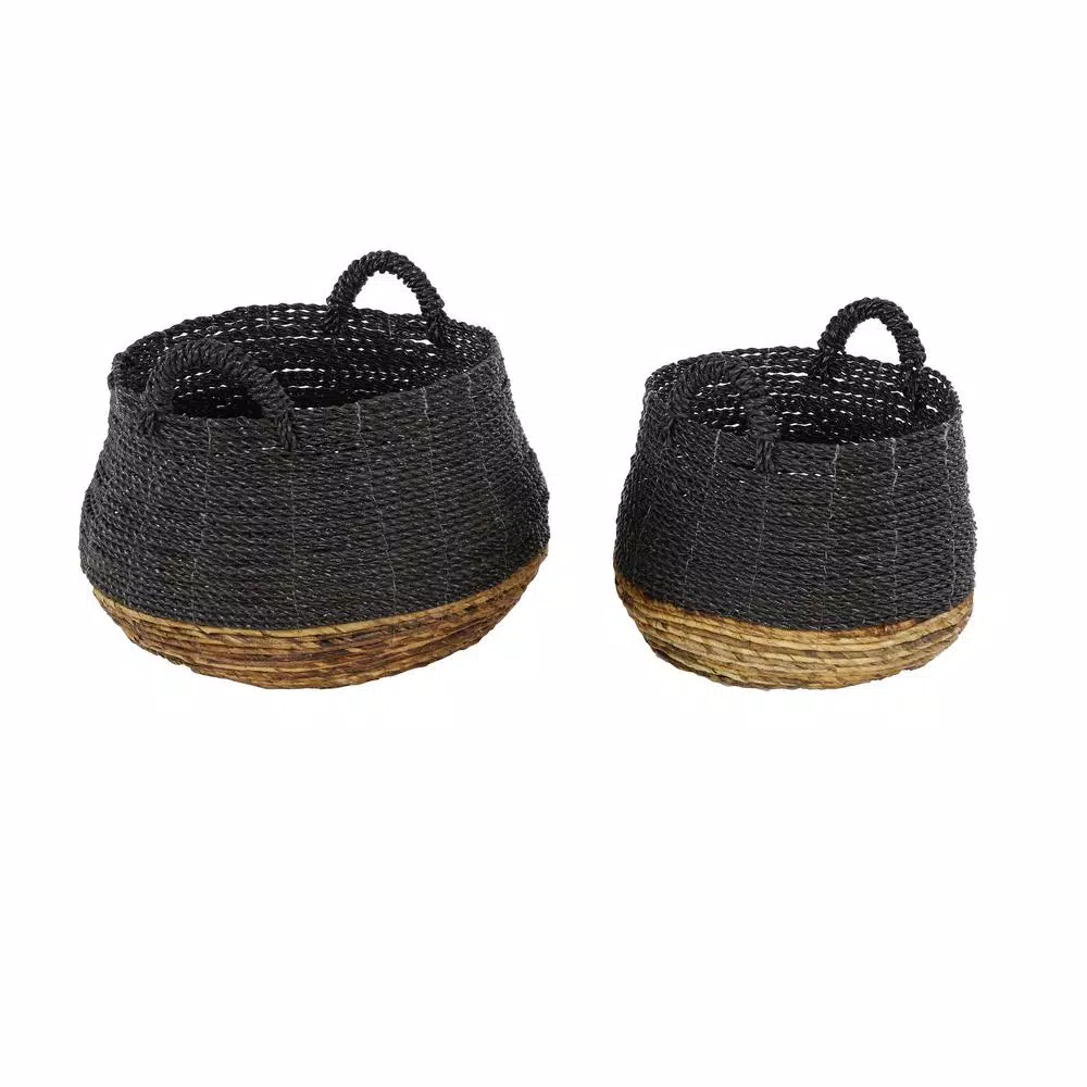 LITTON LANE Round Banana Leaf and Polypropylene Wicker Storage Baskets with Handles, Set of 2